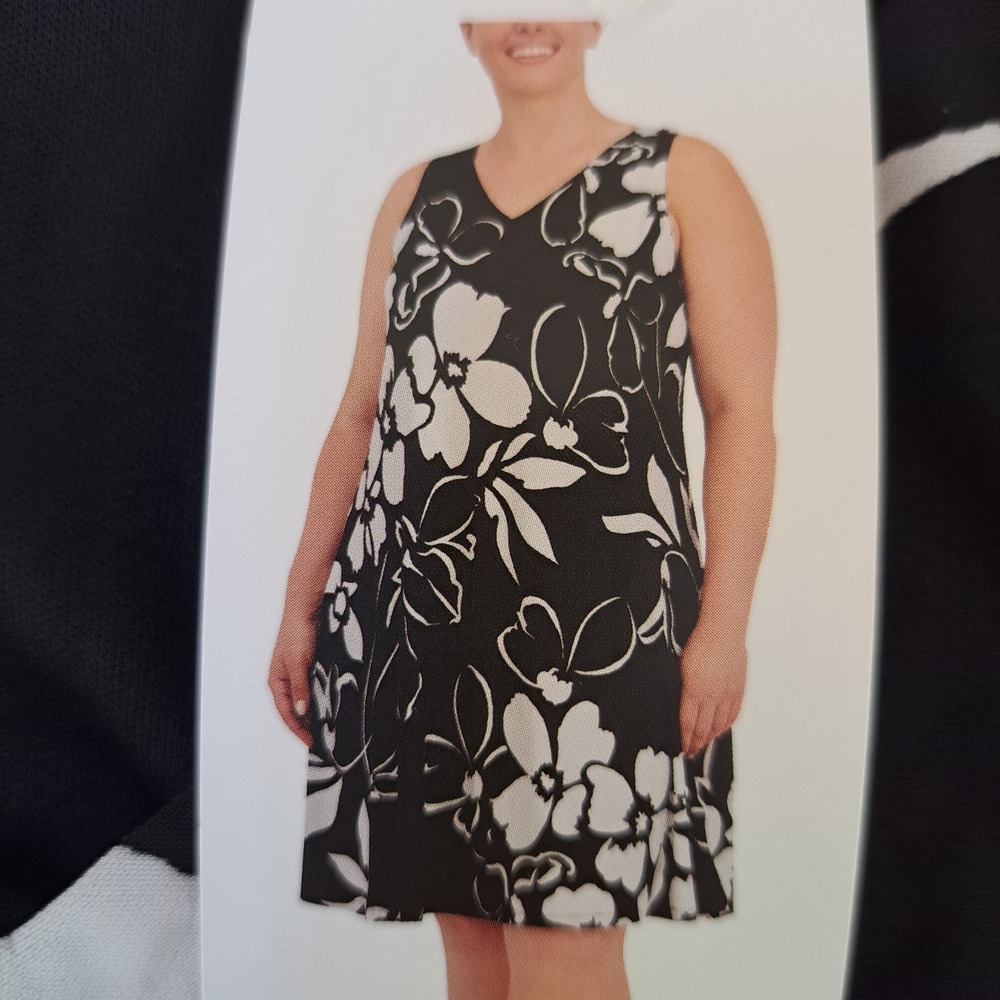 Anne Klein Shift Dress Womens XXL Black White NWT Floral V-Neck Jersey 1511-392